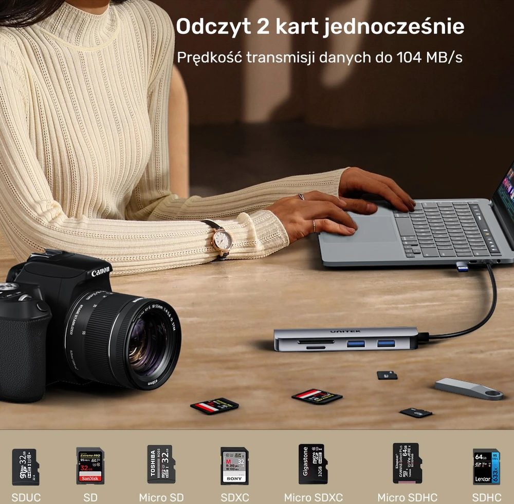 Unitek Hub 5w1 USB-A/C 5 Gbps su atminties kortelių skaitytuvu SD i micro SD