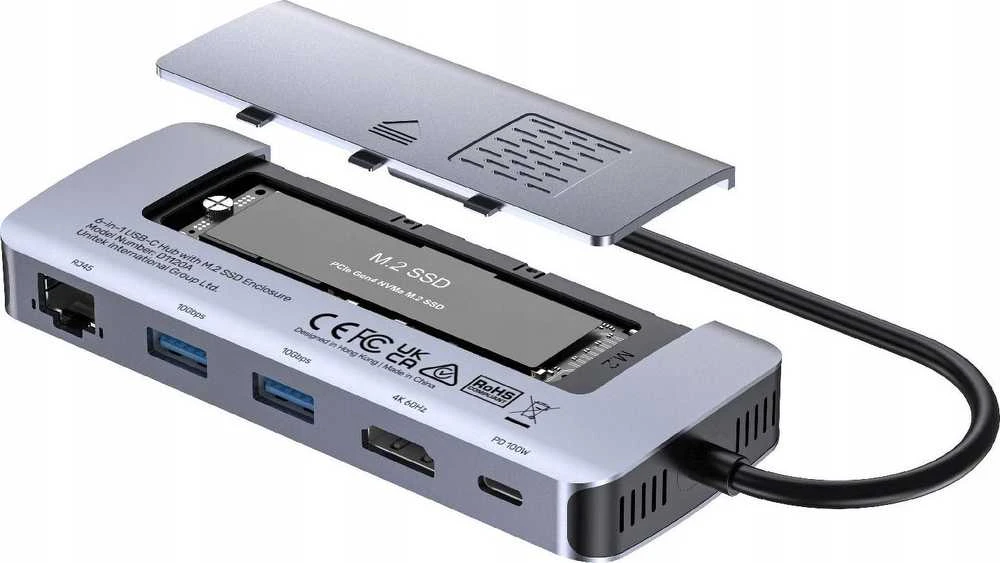 Unitek USB-C hubas su atidarytu M.2 SSD disko lizdu