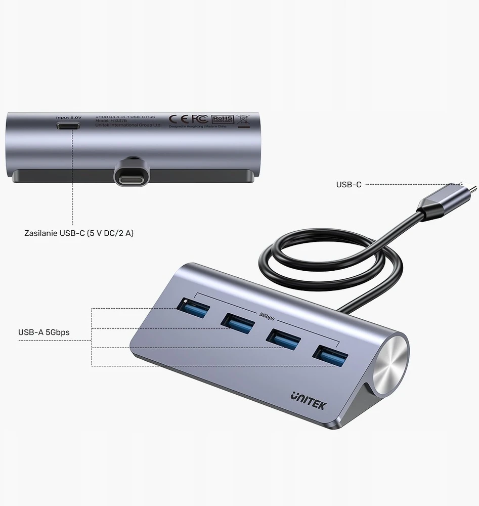 „Unitek“ ergonomiškas USB-C šakotuvas | 4x USB-A | 5 Gbps