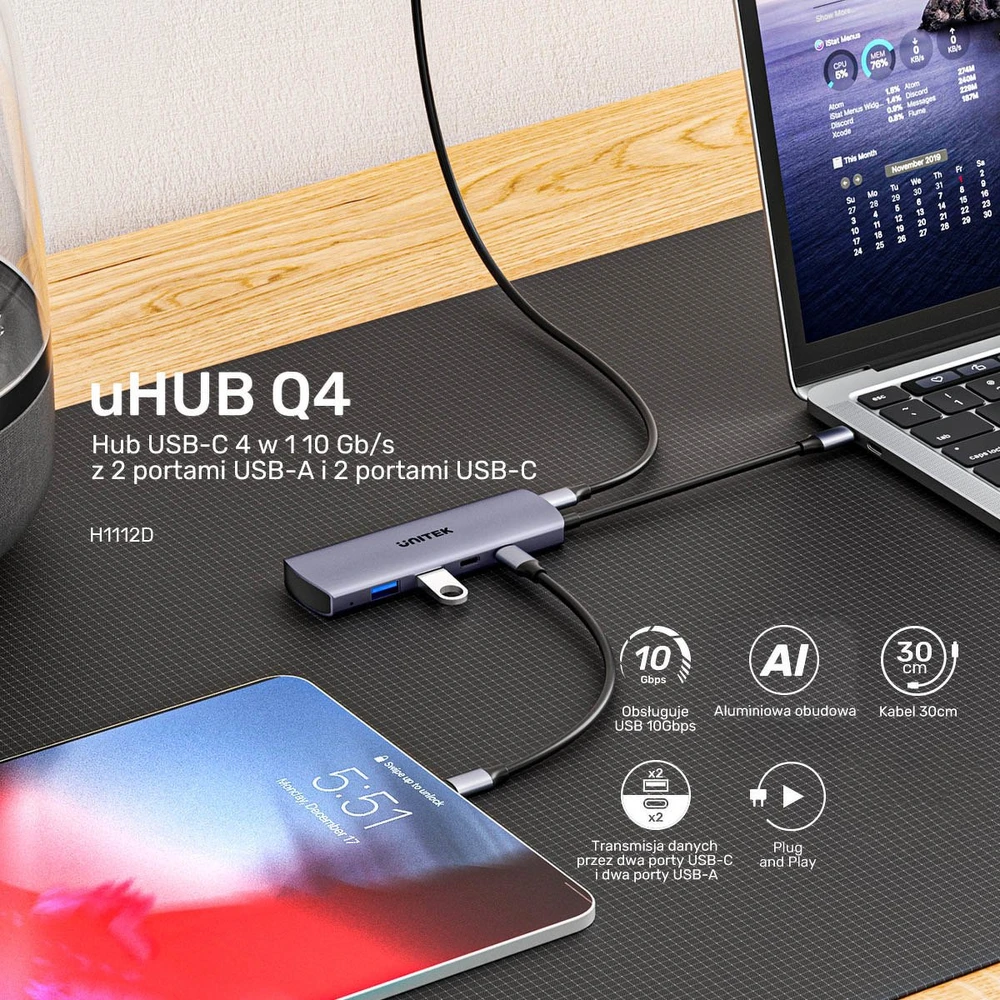 Unitek šakotuvas 4w1 USB-C 10 Gbps, 2x USB-A ir 2x USB-C H1112DGY01