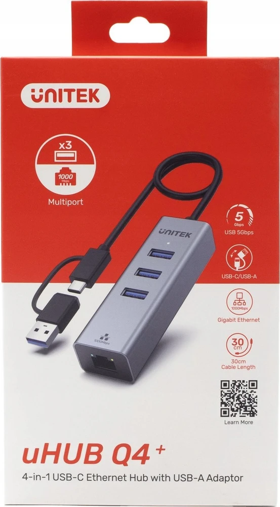 Unitek šakotuvas USB C 4w1 Ethernet 3xUSB 5 Gbps su adapteriu