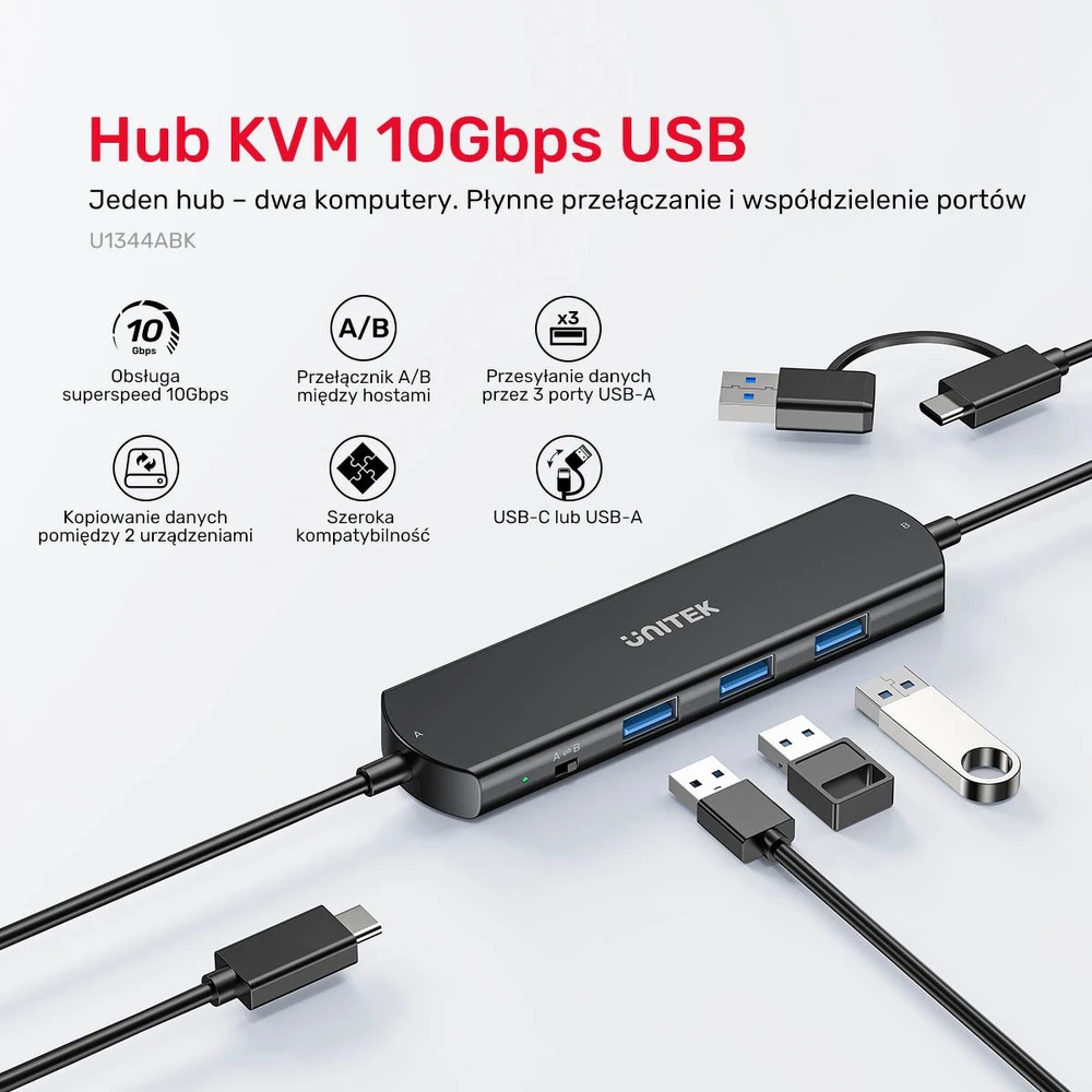 Ausinės Unitek KVM šakotuvas 10 Gbps – perjungimas tarp 2 kompiuterių, 3×USB-A
