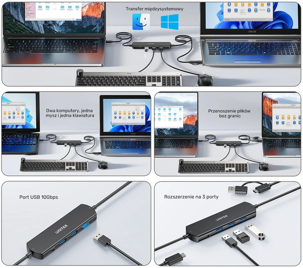 Ausinės Unitek KVM šakotuvas 10 Gbps – perjungimas tarp 2 kompiuterių, 3×USB-A