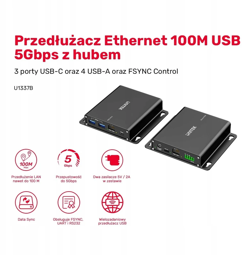 „Unitek“ USB 5 Gb/s prailginimo kabelis, 100 m per Ethernet į šakotuvą