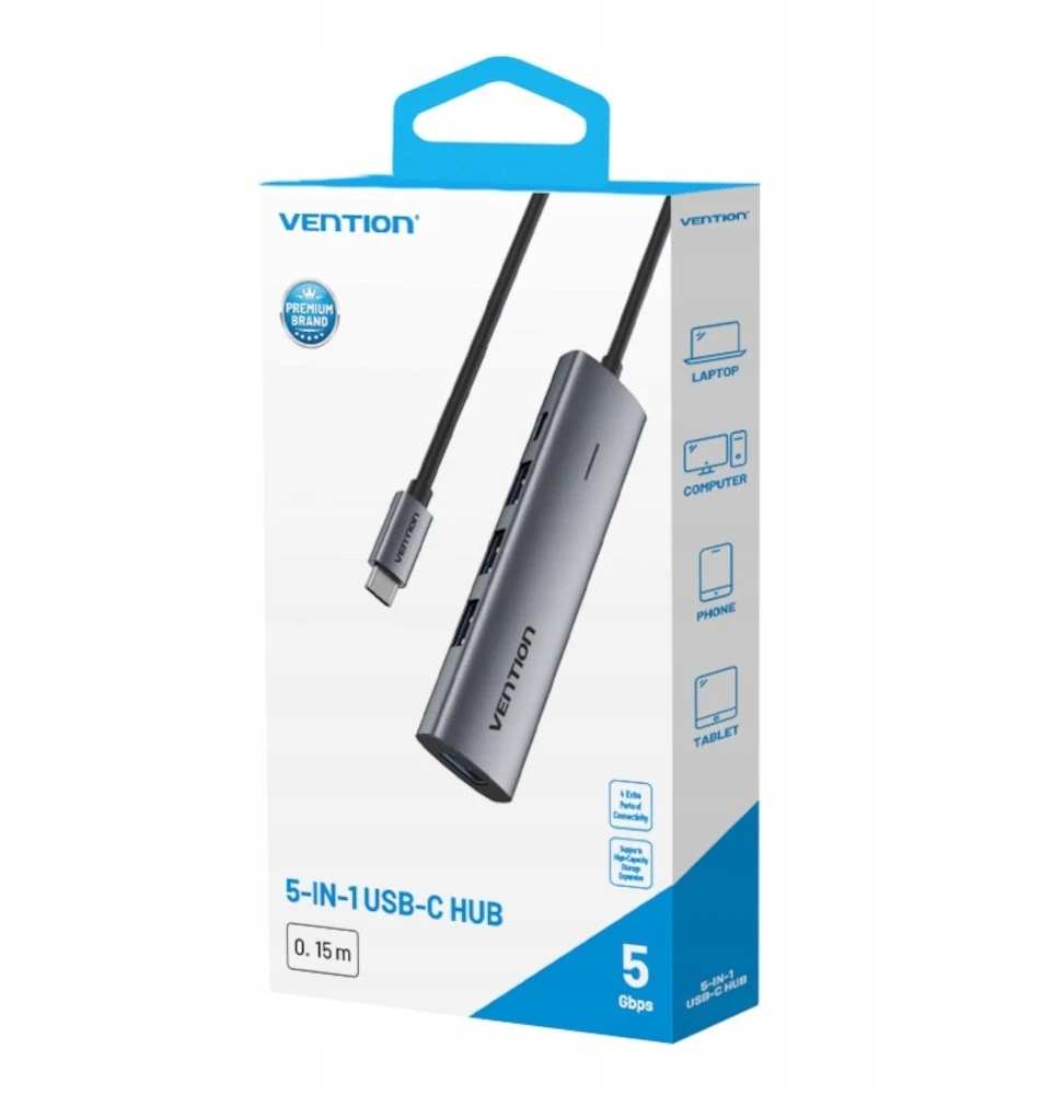 Vention 5v1 USB-C 3.0 šakotuvas, 0,15 m ilgio, ventiliuojamas