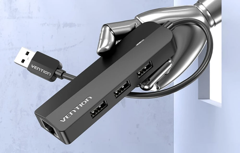 Vention USB 2.0 3 prievadų šakotuvas su eterneto adapteriu 100 m ventiliacija CHPBB 0.15 m, juodas