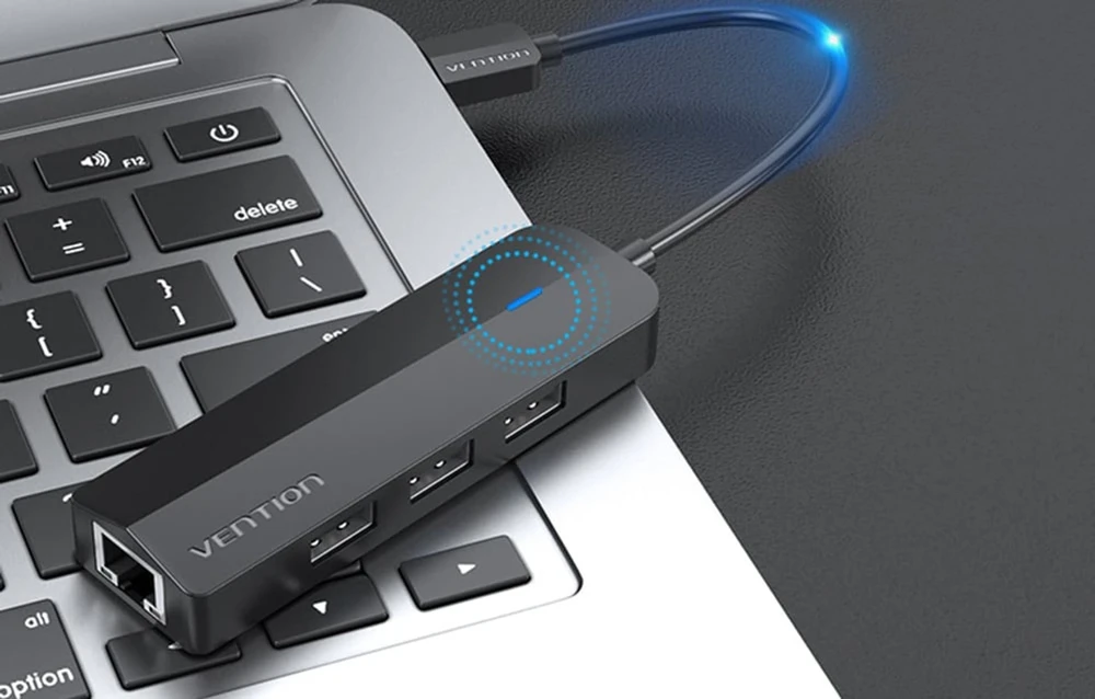 Vention USB 2.0 3 prievadų šakotuvas su eterneto adapteriu 100 m ventiliacija CHPBB 0.15 m, juodas