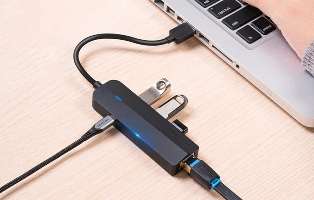 Vention USB 2.0 3 prievadų šakotuvas su eterneto adapteriu 100 m ventiliacija CHPBB 0.15 m, juodas