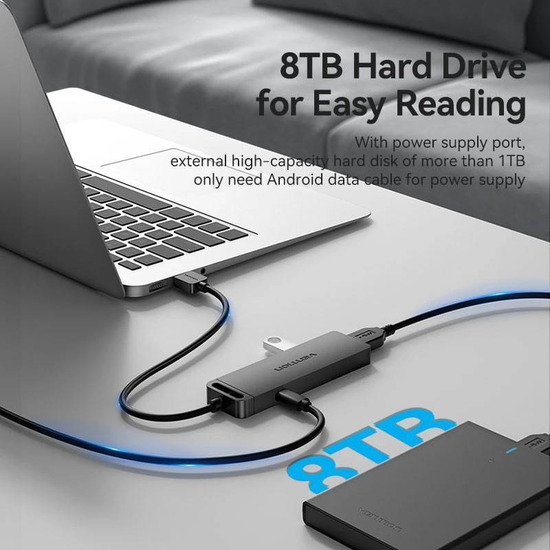 Vention USB 3.0 4 prievadų šakotuvas su maitinimo adapterio ventiliacija CHLBD 0.5 m, juodas