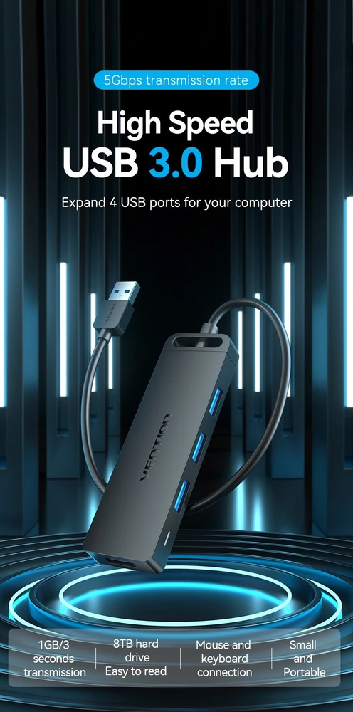 Vention USB 3.0 4 prievadų šakotuvas su maitinimo adapterio ventiliacija CHLBD 0.5 m, juodas