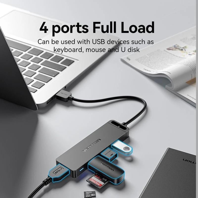 Vention USB 3.0 4 prievadų šakotuvas su maitinimo adapterio ventiliacija CHLBD 0.5 m, juodas