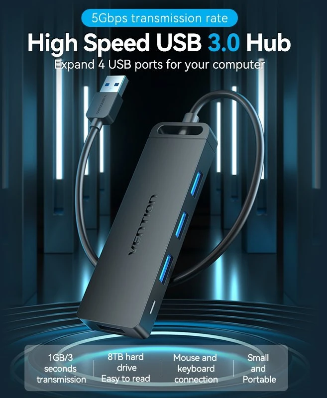 Vention USB 3.0 4 prievadų šakotuvas su maitinimo adapterio ventiliacija CHLBD 0.5 m, juodas