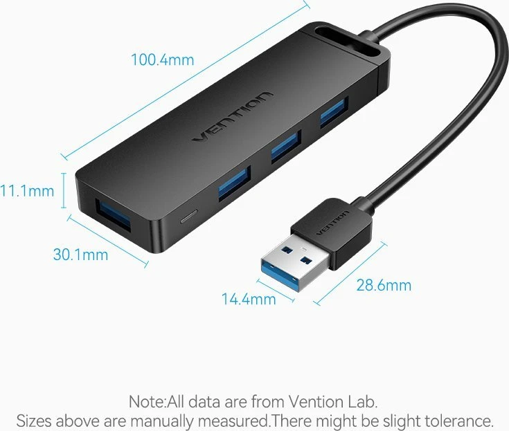Vention USB 3.0 4 prievadų šakotuvas su maitinimo adapterio ventiliacija CHLBD 0.5 m, juodas