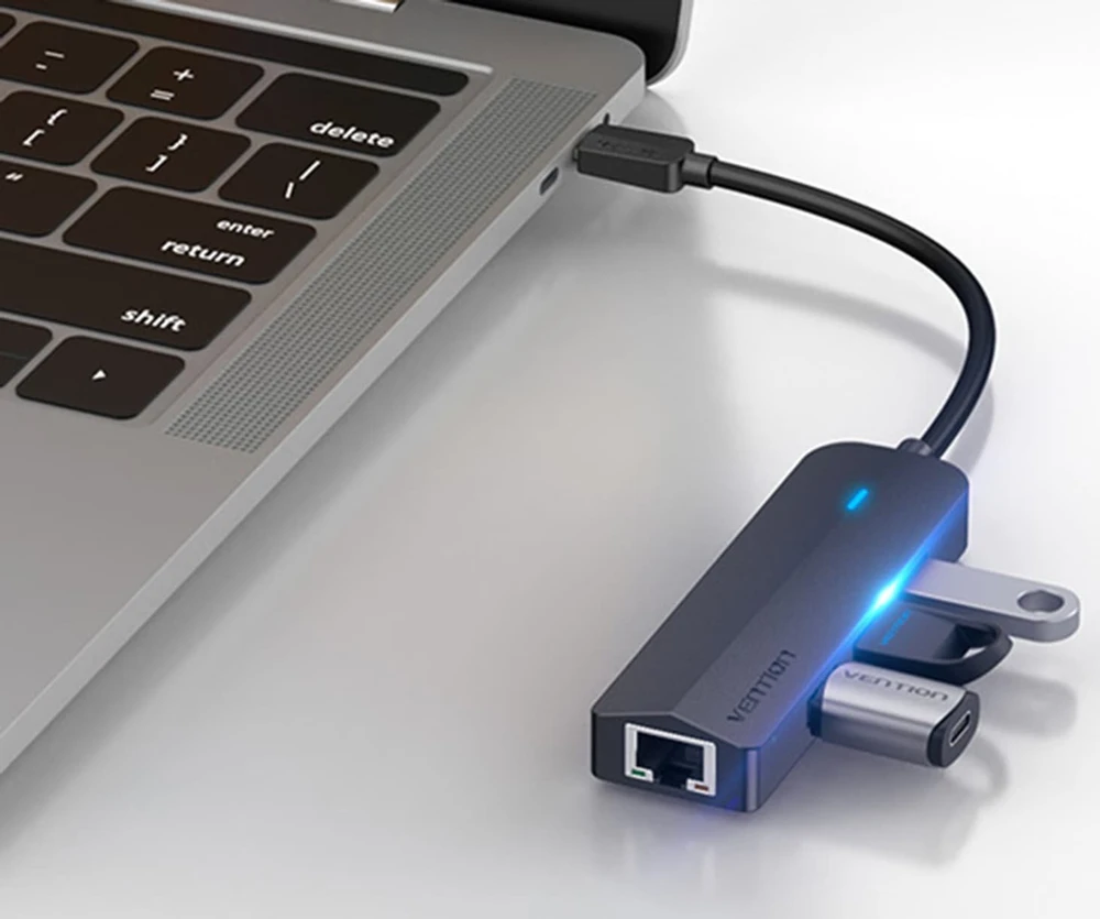 USB-C iki 3x USB 2.0, RJ45, Micro-B Hub Vention TGOBB 0.15m, juodas