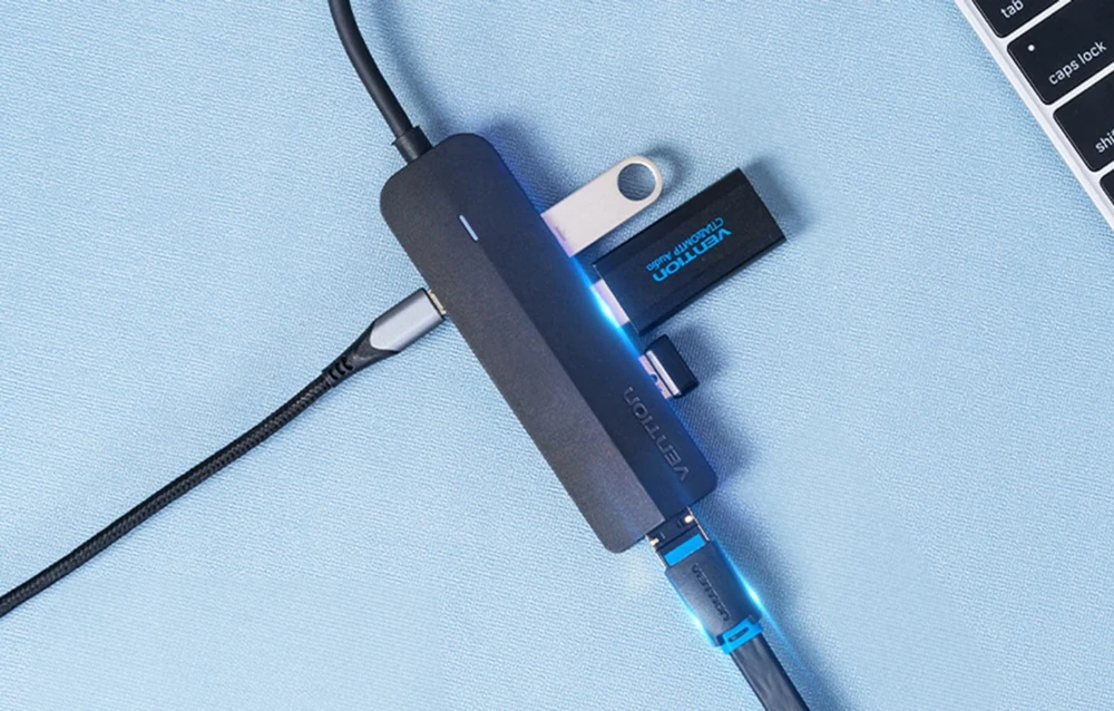 USB-C iki 3x USB 2.0, RJ45, Micro-B Hub Vention TGOBB 0.15m, juodas