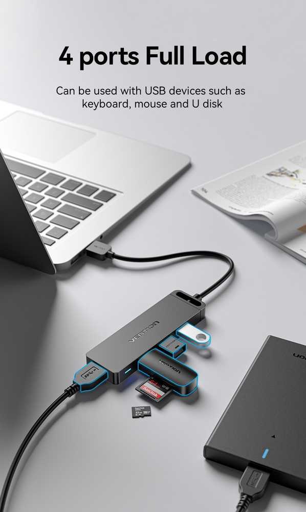 Vention USB 3.0 4 prievadų šakotuvas su maitinimo adapterio ventiliacija CHLBD 0.5 m, juodas
