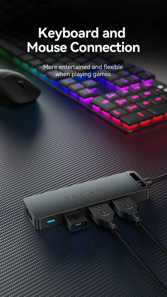 Vention USB 3.0 4 prievadų šakotuvas su maitinimo adapterio ventiliacija CHLBD 0.5 m, juodas