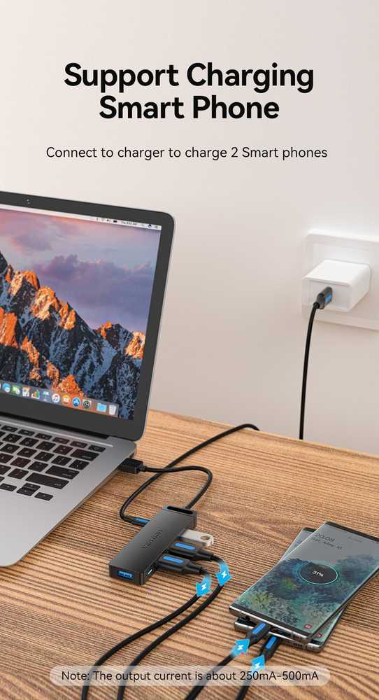 Vention USB 3.0 4 prievadų šakotuvas su maitinimo adapterio ventiliacija CHLBD 0.5 m, juodas