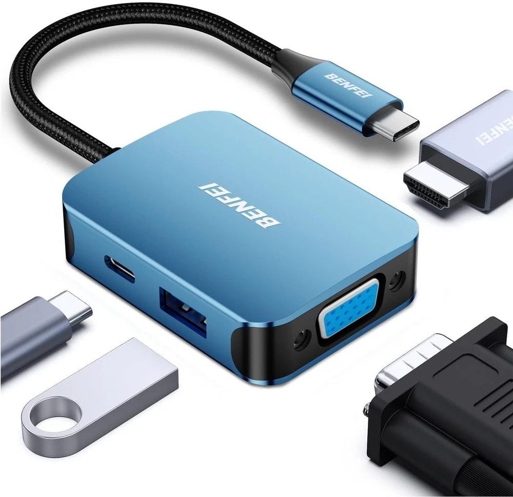 BENFEI adapterio šakotuvas 4-in-1 USB-C į 4K HDMI USB-C 1x USB A VGA mėlynas