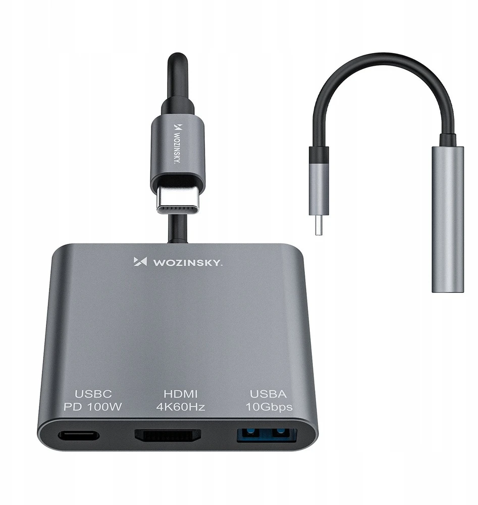 Wozinsky WHCH-01 USB-C PD šakotuvas 100W HDMI 4K@30Hz USB-A 10Gbps - pilkas