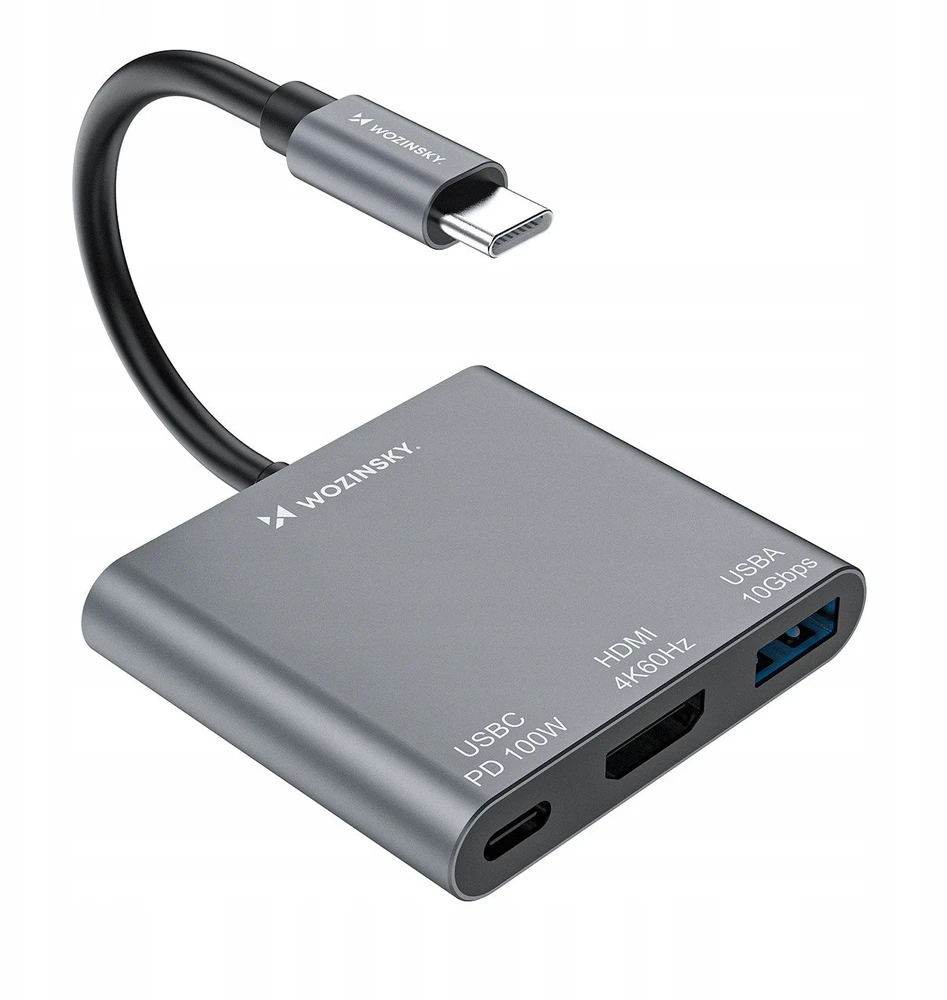 Wozinsky WHCH-01 USB-C PD šakotuvas 100W HDMI 4K@30Hz USB-A 10Gbps - pilkas