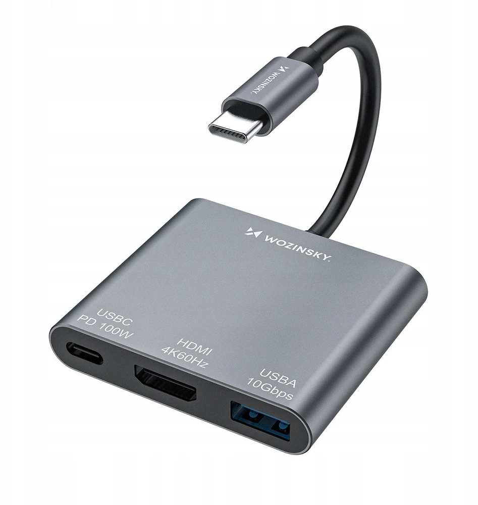 Wozinsky WHCH-01 USB-C PD šakotuvas 100W HDMI 4K@30Hz USB-A 10Gbps - pilkas