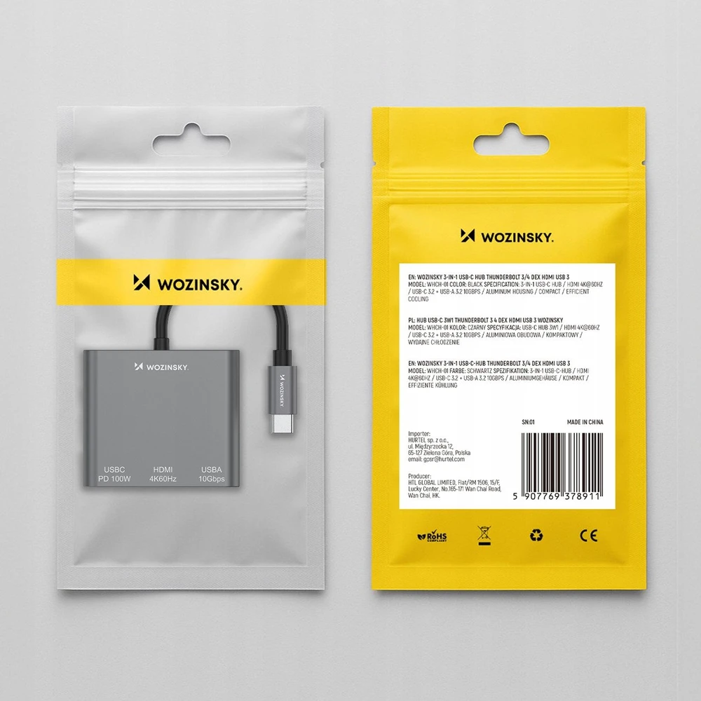 Wozinsky WHCH-01 USB-C PD šakotuvas 100W HDMI 4K@30Hz USB-A 10Gbps - pilkas