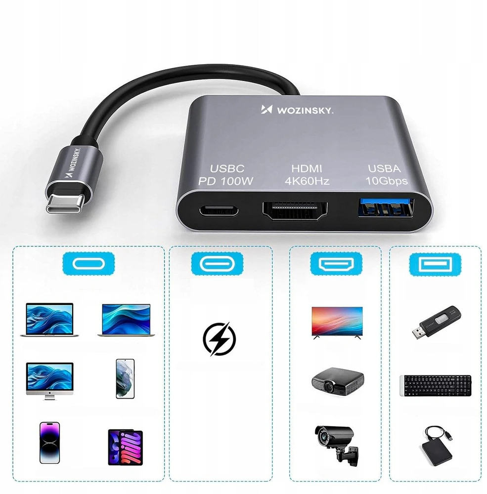 Wozinsky WHCH-01 USB-C PD šakotuvas 100W HDMI 4K@30Hz USB-A 10Gbps - pilkas