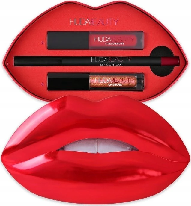 Rinkinys „Huda Beauty“: „Huda Beauty“ matiniai skysti lūpų dažai, 1,9 ml *miniatiūriniai + „Huda Beauty“ lūpų pieštukas, 1,2 g + skystas lūpų pieštukas „Strobe“