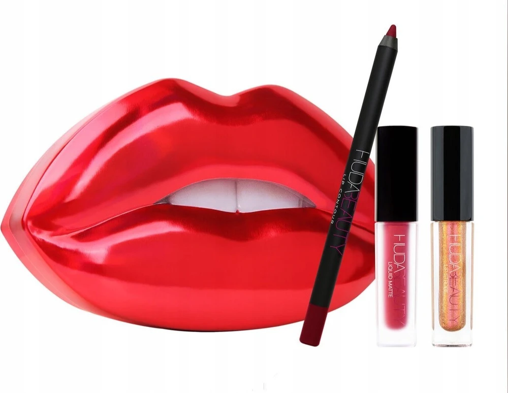 Rinkinys „Huda Beauty“: „Huda Beauty“ matiniai skysti lūpų dažai, 1,9 ml *miniatiūriniai + „Huda Beauty“ lūpų pieštukas, 1,2 g + skystas lūpų pieštukas „Strobe“