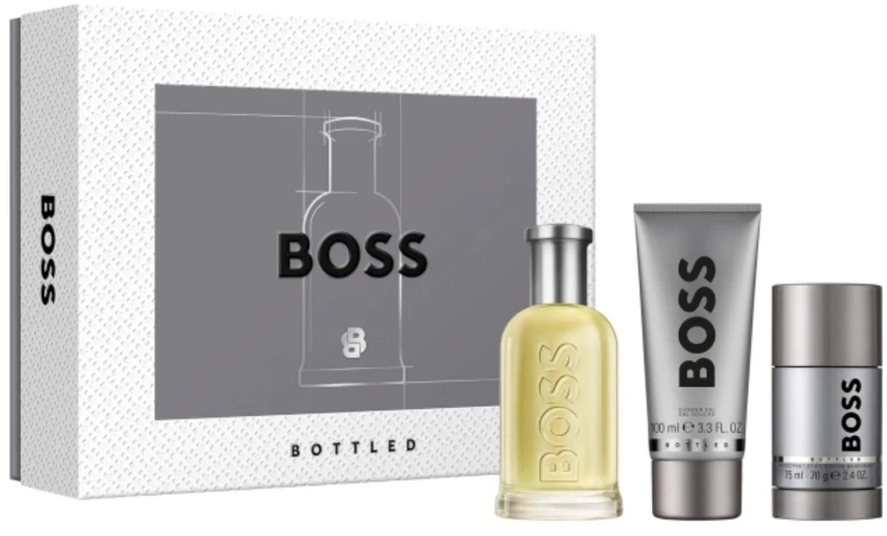 Rinkinys „Hugo Boss“: „Boss Bottled“ tualetinis vanduo vyrams, 100 ml + „Boss Bottled“ valomasis dušo želė visiems odos tipams, 100 ml + „Boss Bottled“ antiperspirantas-dezodorantas vyrams, 75 ml
