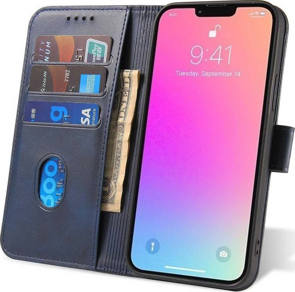 Hurtel Wallet su stoveliu Apple iPhone 15 Plus Magnet – dėklas telefonui mėlynos spalvos