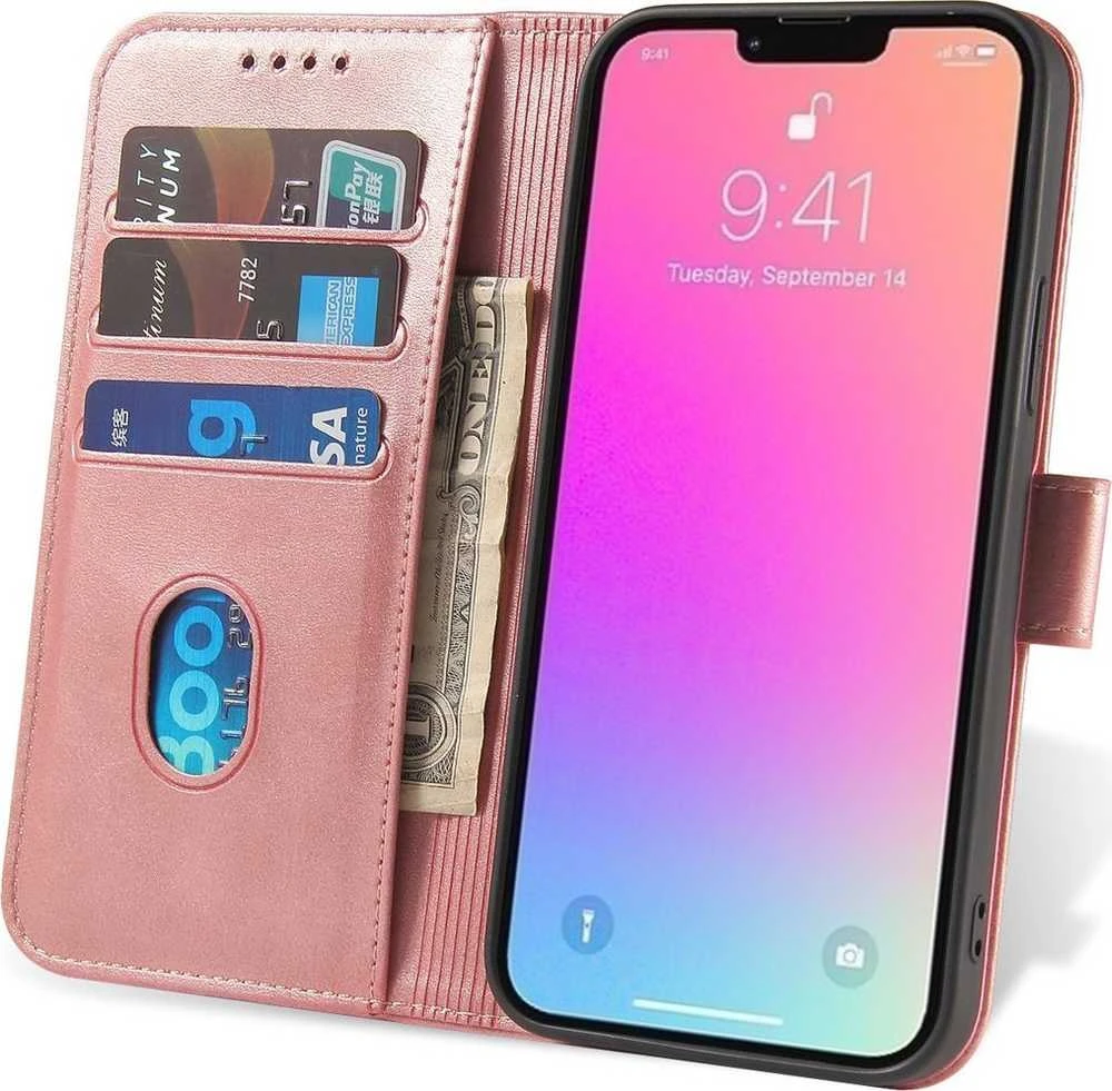 Hurtel Wallet su stoveliu Apple iPhone 15 Pro Max Magnet – dėklas telefonui rožinės spalvos