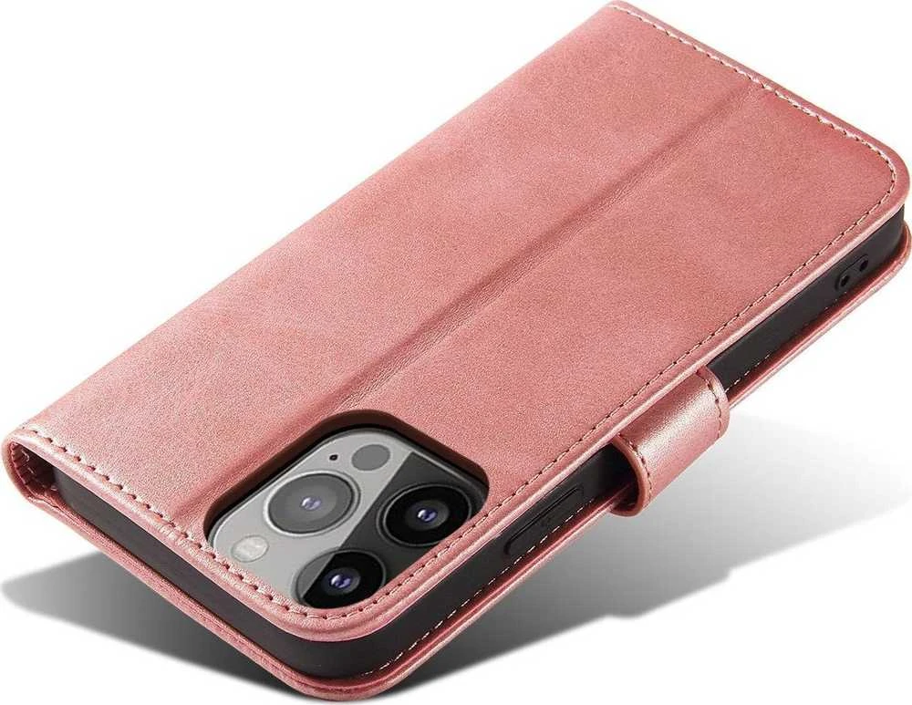 Hurtel Wallet su stoveliu Apple iPhone 15 Plus Magnet – dėklas telefonui rožinės spalvos