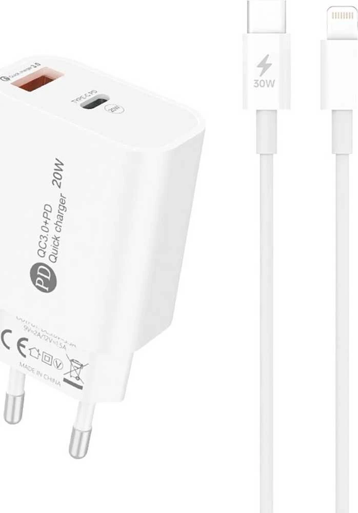 Hurtel A6MaxL 20W USB-A USB-C laidinis įkroviklis su 1m USB-C – Lightning kabelis – baltos spalvos