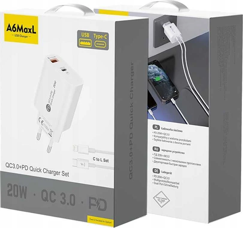 Hurtel A6MaxL 20W USB-A USB-C laidinis įkroviklis su 1m USB-C – Lightning kabelis – baltos spalvos