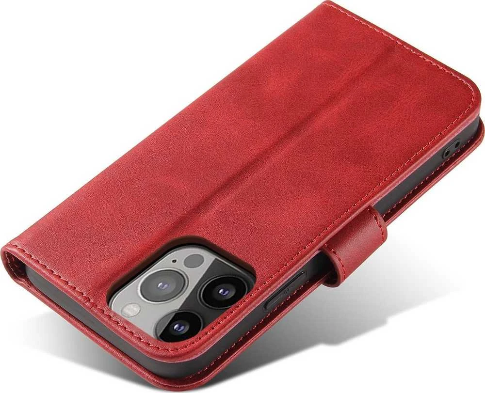 Hurtel Wallet su stoveliu Apple iPhone 15 Pro Max Magnet – dėklas telefonui raudonos spalvos
