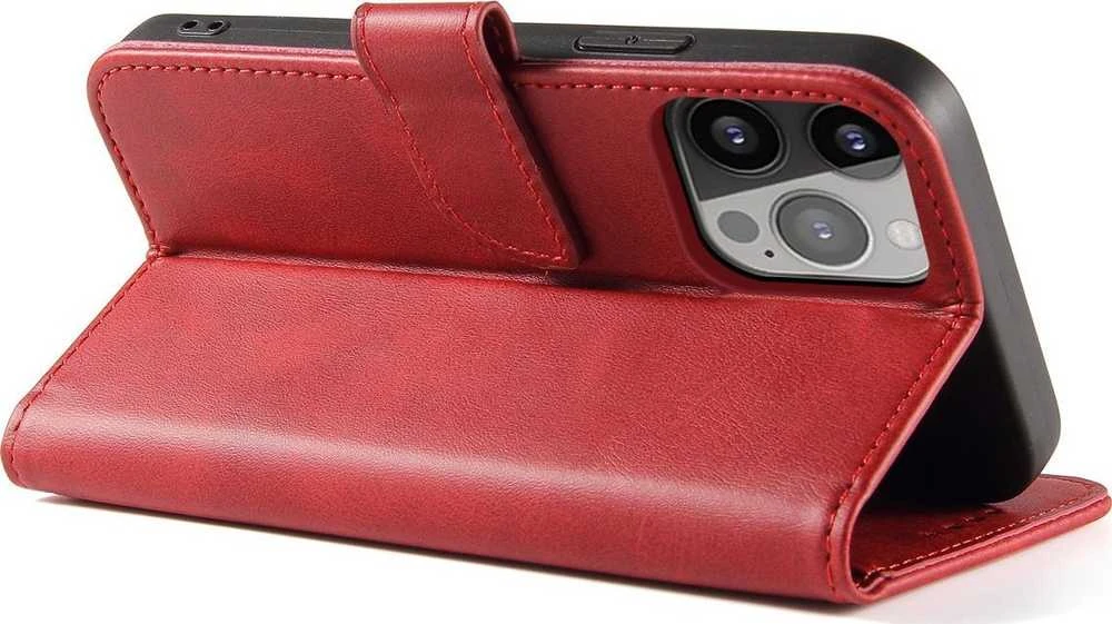 Hurtel Wallet su stoveliu Apple iPhone 15 Pro Max Magnet – dėklas telefonui raudonos spalvos