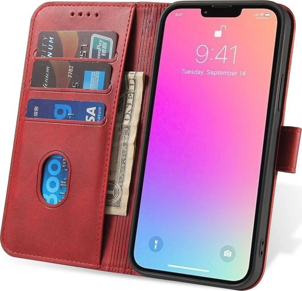 Hurtel Wallet su stoveliu Apple iPhone 15 Pro Max Magnet – dėklas telefonui raudonos spalvos