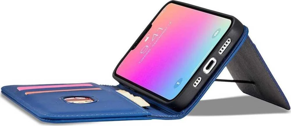 Hurtel Magnet Card Apple iPhone 14 Pro Max atverčiamas su stoveliu dėklas telefonui mėlynos spalvos