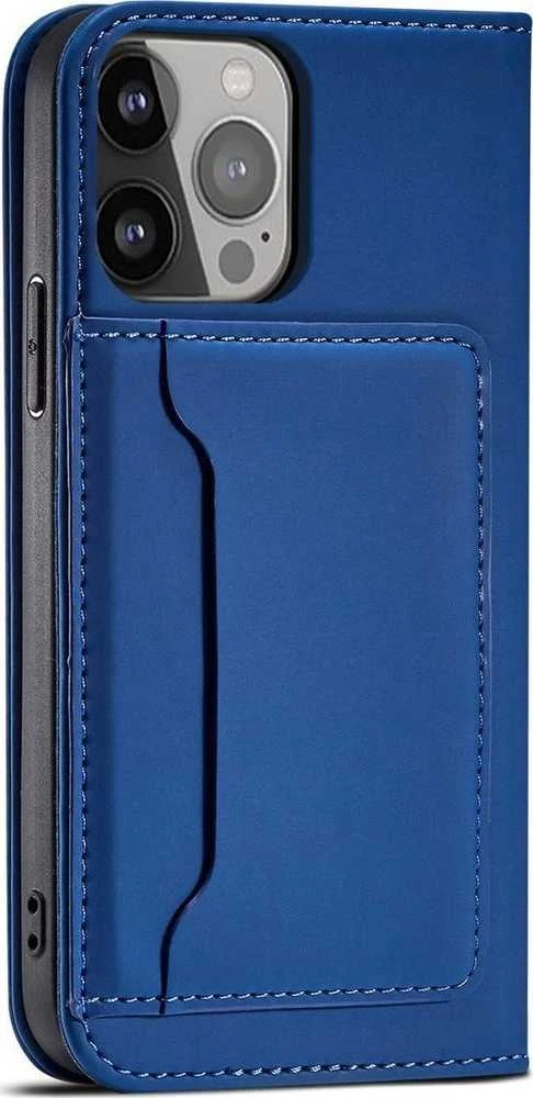 Hurtel Magnet Card Apple iPhone 14 Pro Max atverčiamas su stoveliu dėklas telefonui mėlynos spalvos
