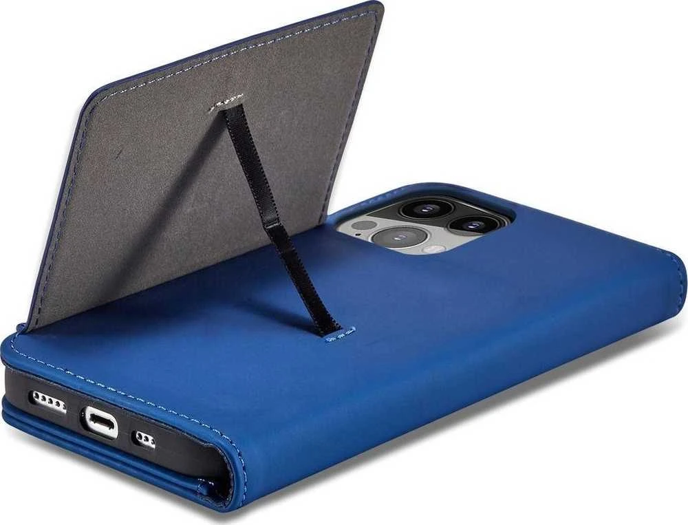 Hurtel Magnet Card Apple iPhone 14 Pro Max atverčiamas su stoveliu dėklas telefonui mėlynos spalvos