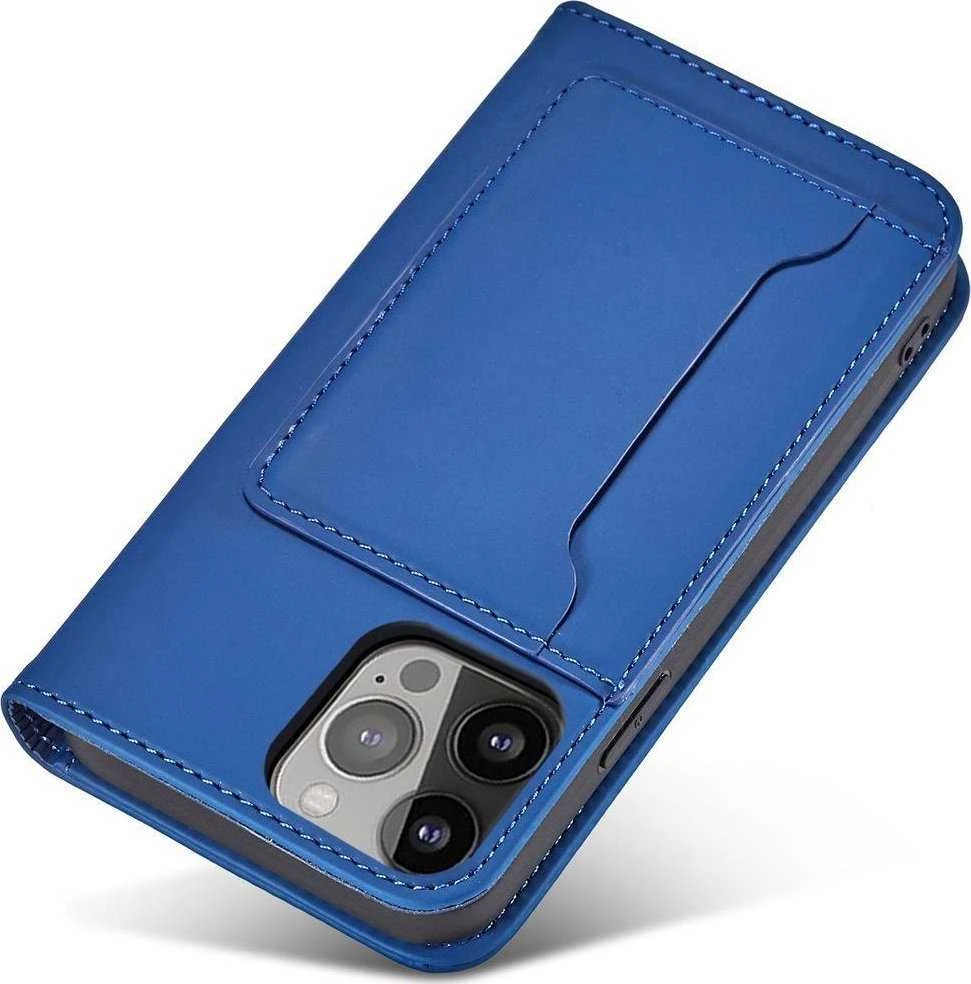 Hurtel Magnet Card Apple iPhone 14 Pro Max atverčiamas su stoveliu dėklas telefonui mėlynos spalvos