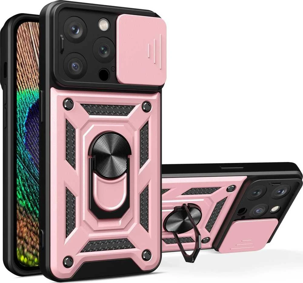 Hurtel Hybrid Armor Camshield su stoveliu ir camera Apple iPhone 15 Pro – dėklas telefonui rožinės spalvos