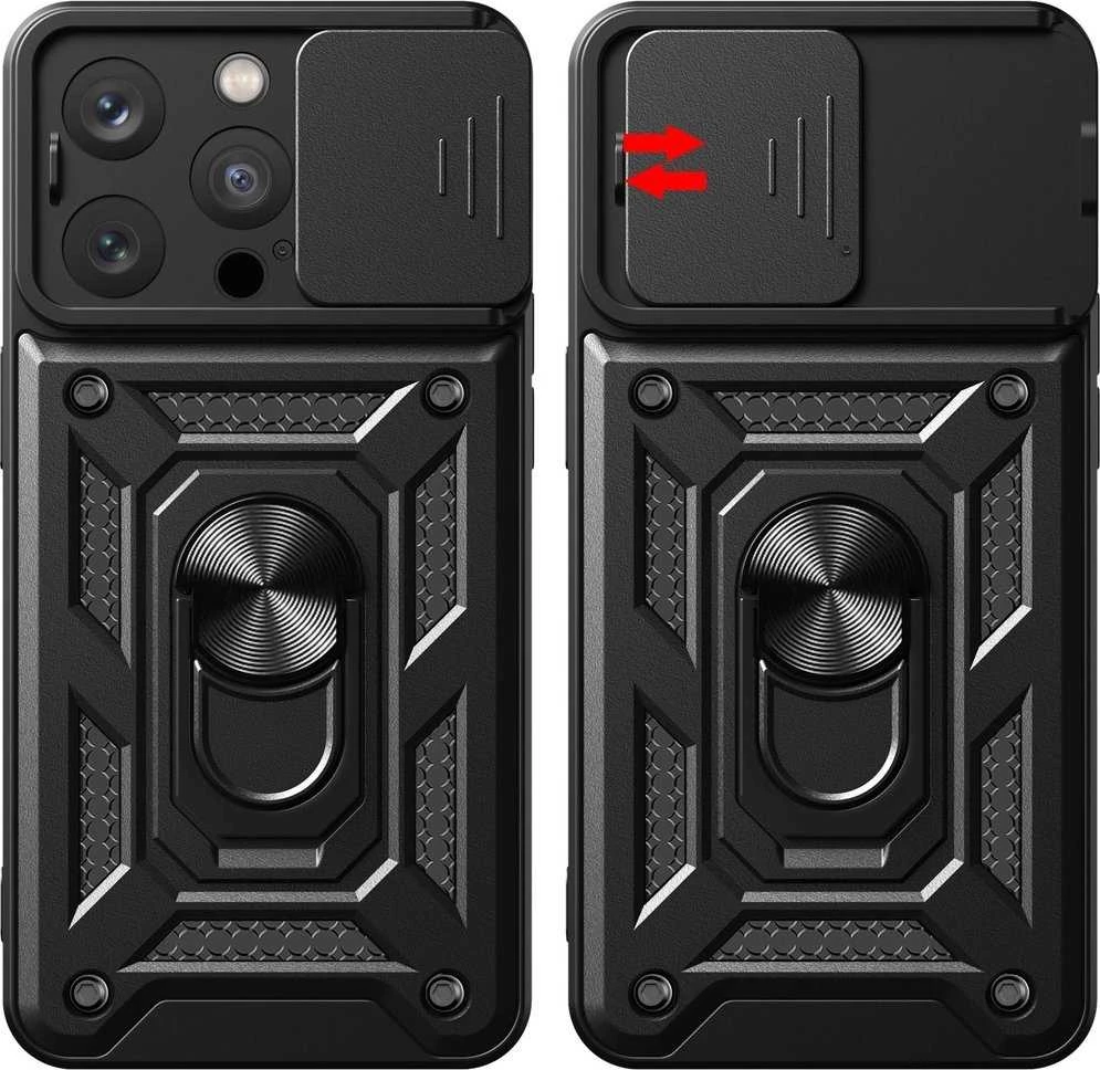 Hurtel Hybrid Armor Camshield su stoveliu ir camera Apple iPhone 15 Pro – dėklas telefonui rožinės spalvos