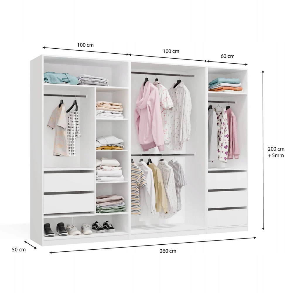 Top E Shop OPENO Modular Wardrobe SET 260/200 Baltas Drawers, Hanging Rails, Shelves – Large – For the Bedroom