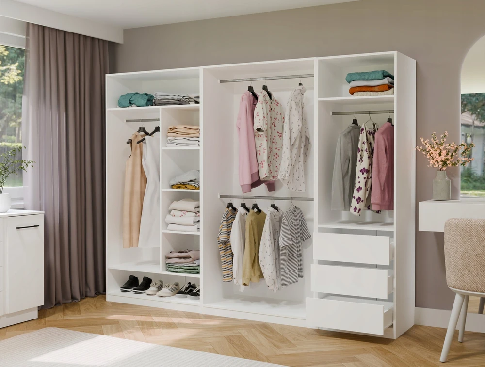 Top E Shop Hurtownia Mebli Didmeninė prekyba baldais Drabužinė OPENO 1W6P BALTA Modulinė lentyna su baro lentynomis Miegamasis