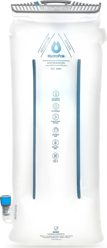 „HydraPak Contour“ (3 l talpos hidratacijos rezervuaras) – žemo profilio vandens pūslė, tinkanti daugumai hidratacijos kuprinių – didelio srauto įkandimo vožtuvas, nepralaidus, visiškai apverčiamas