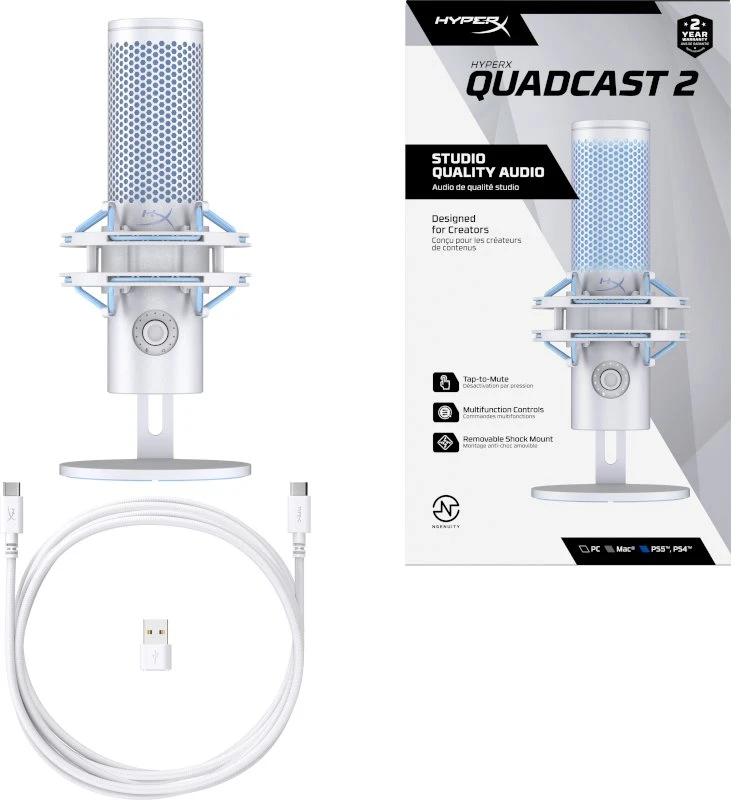 Kondensatorinis Mikrofonas HyperX QuadCast 2, Baltas