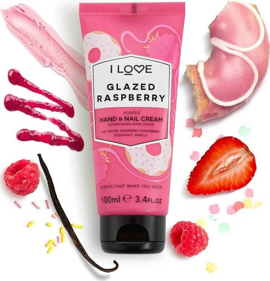 „I Love“ firminė kolekcija, drėkinamasis rankų ir nagų kreminis, glazūruotas aviečių aromatas, 100 ml